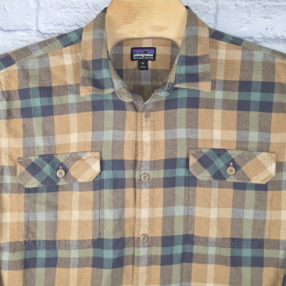 Patagonia Men Flannel Brown Organic Cotton Plaid Button Long Sleeve Shirt XL